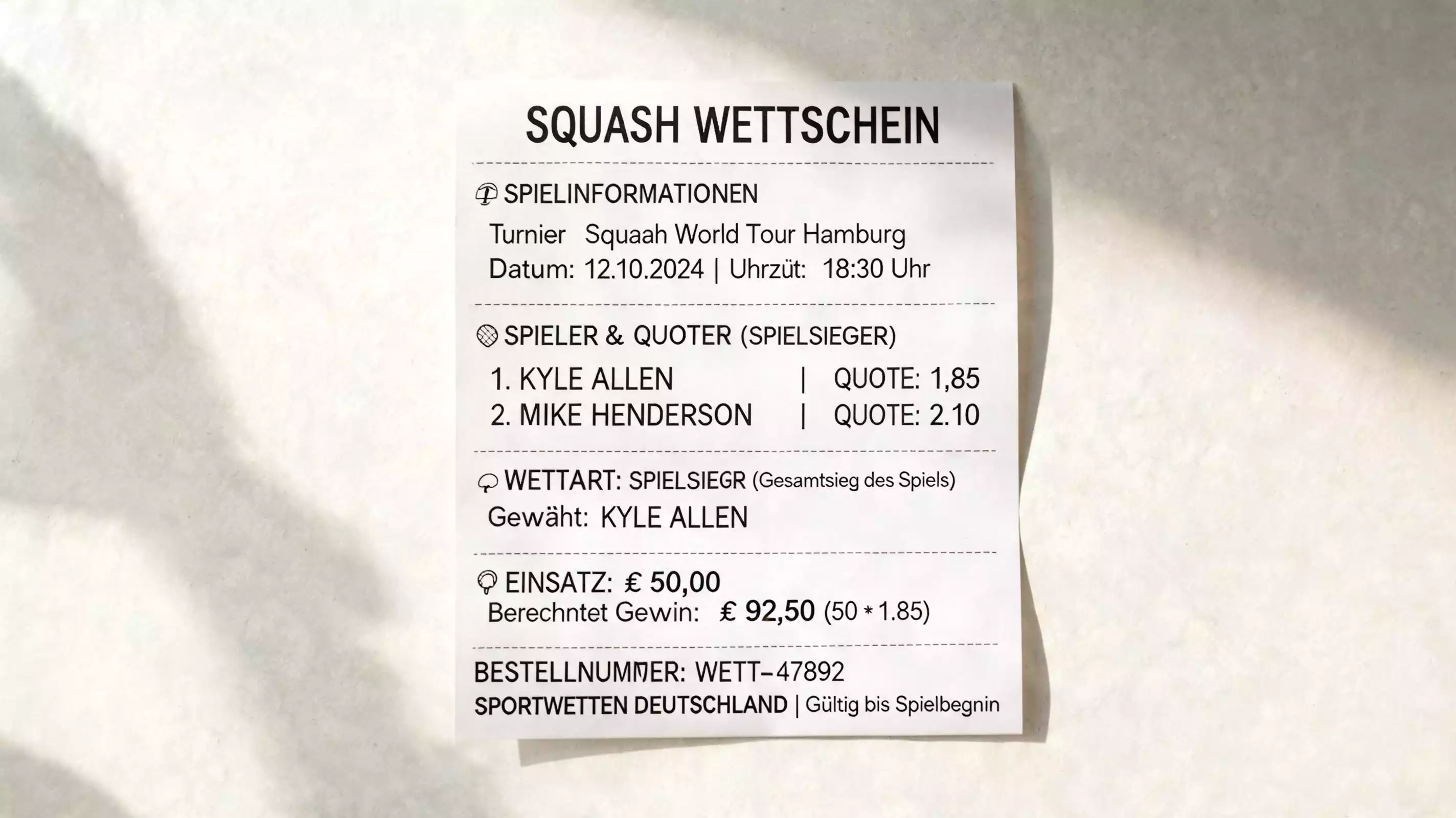 Bet365 Squash Wettschein – Beispiel einer Pre-Match-Wette auf einen PSA-Tour-Match mit Dezimalquote