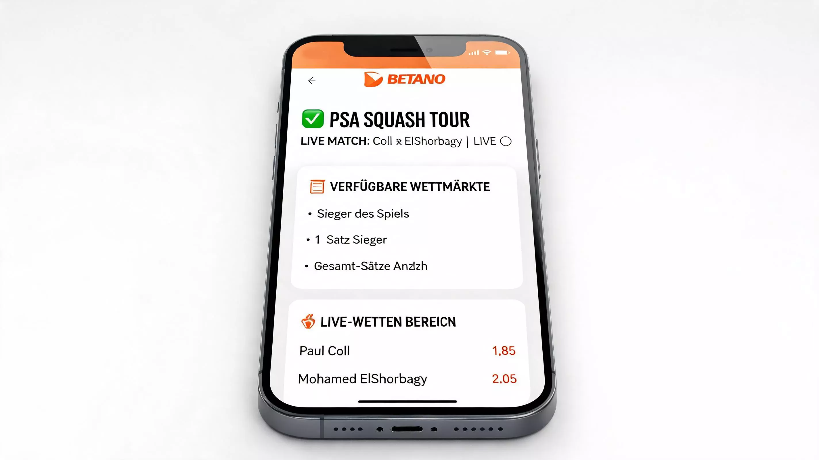 Betano App Squash-Wetten – übersichtliche mobile Oberfläche mit PSA-Tour-Märkten und Live-Bereich