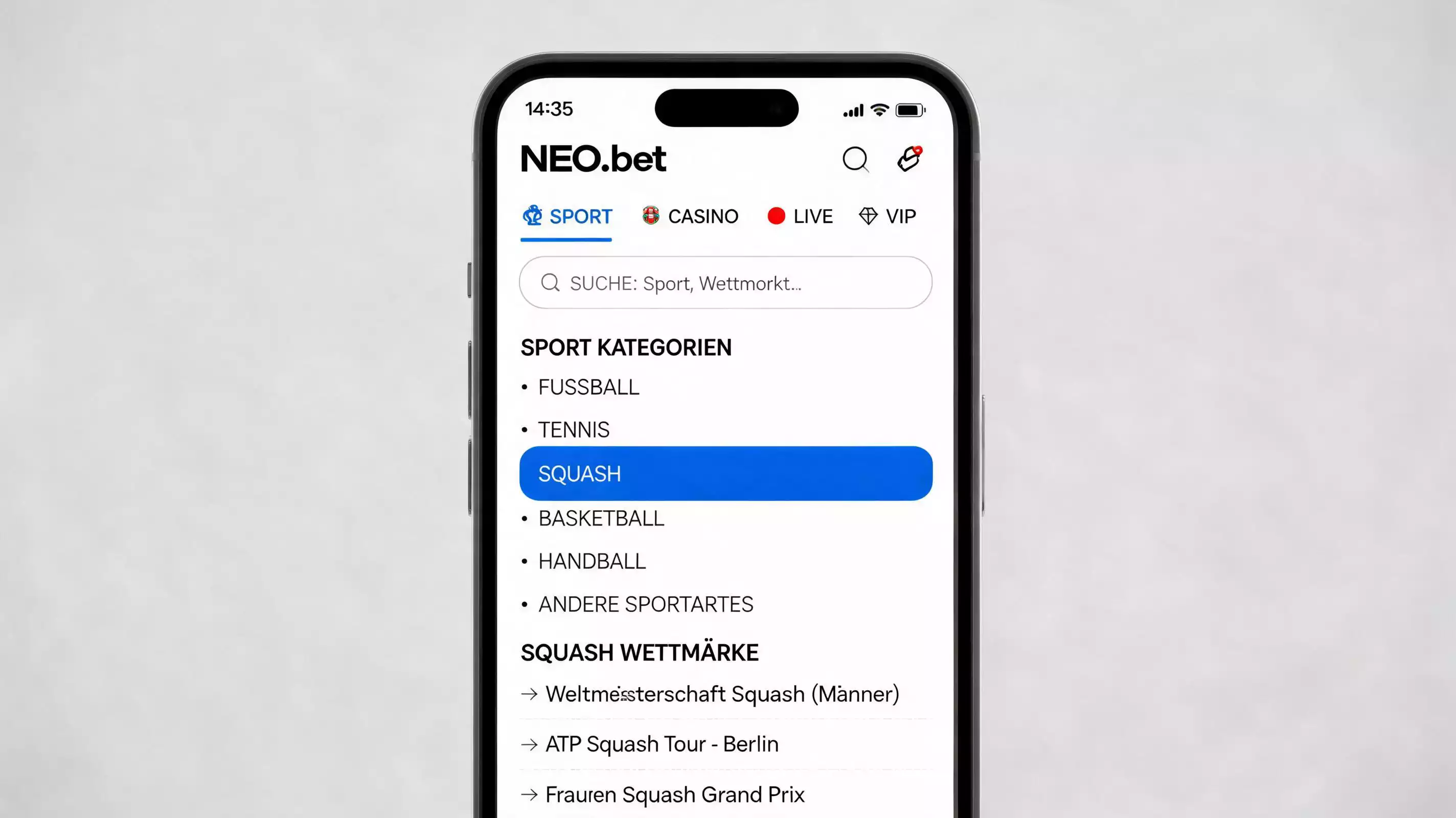 NEO.bet App für Squash-Wetten – mobile Oberfläche mit Squash-Marktnavigation und Live-Wettbereich