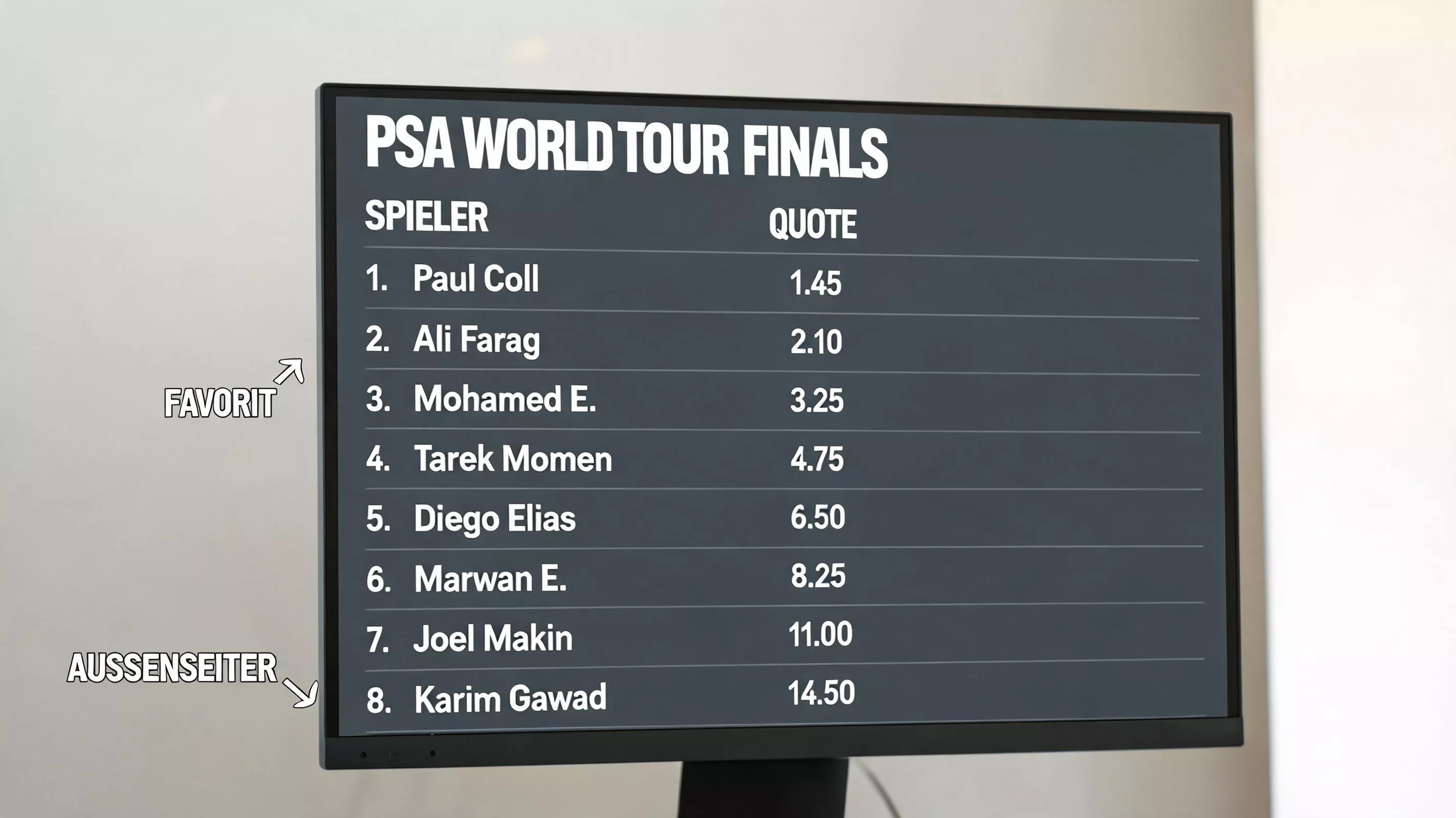PSA World Tour Finals Outright-Quoten Analyse – Dezimalquoten und Quotenschlüssel für Saisonfinale