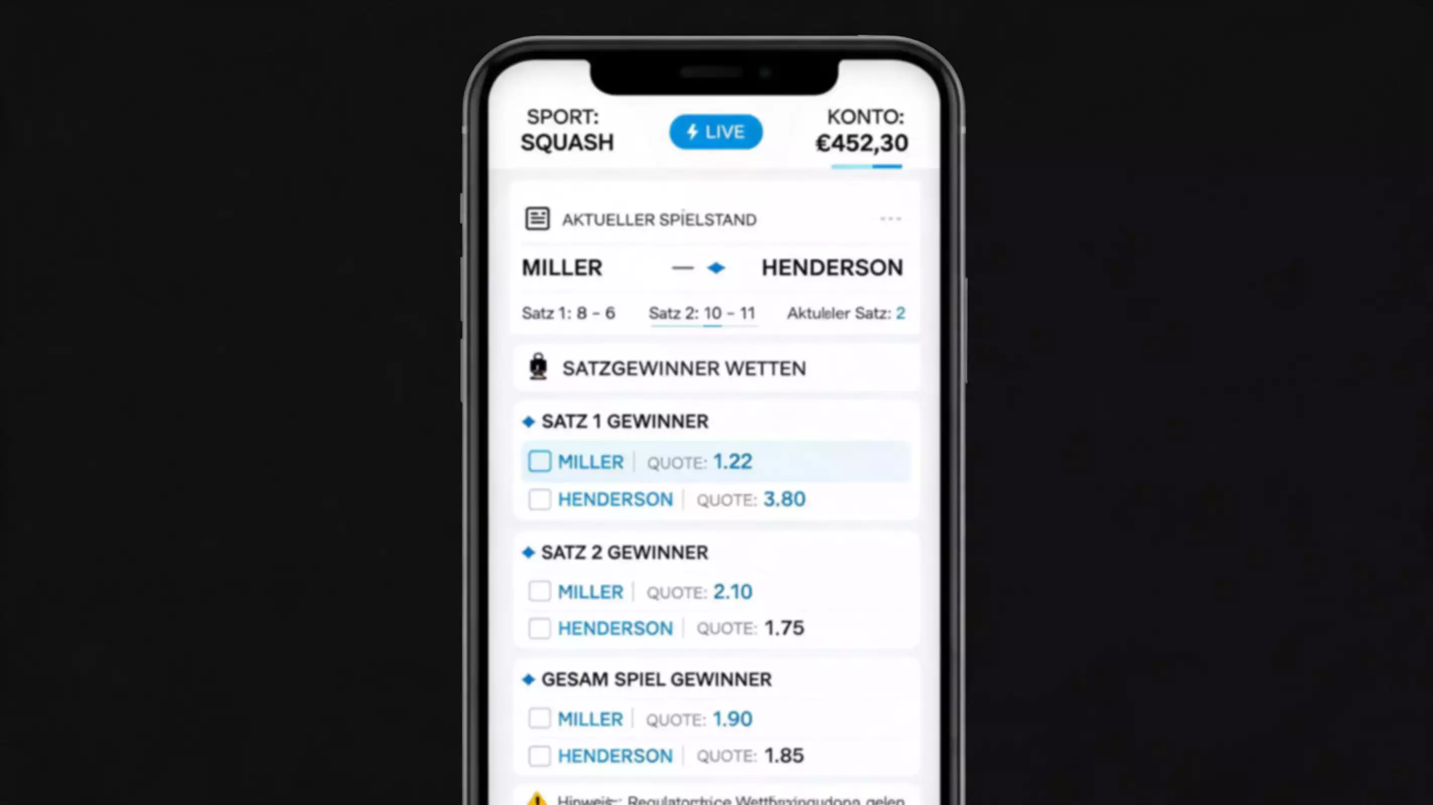 Live-Wetten auf Squash in einer Buchmacher-App – Satzgewinner und In-Play-Märkte mobil platzieren
