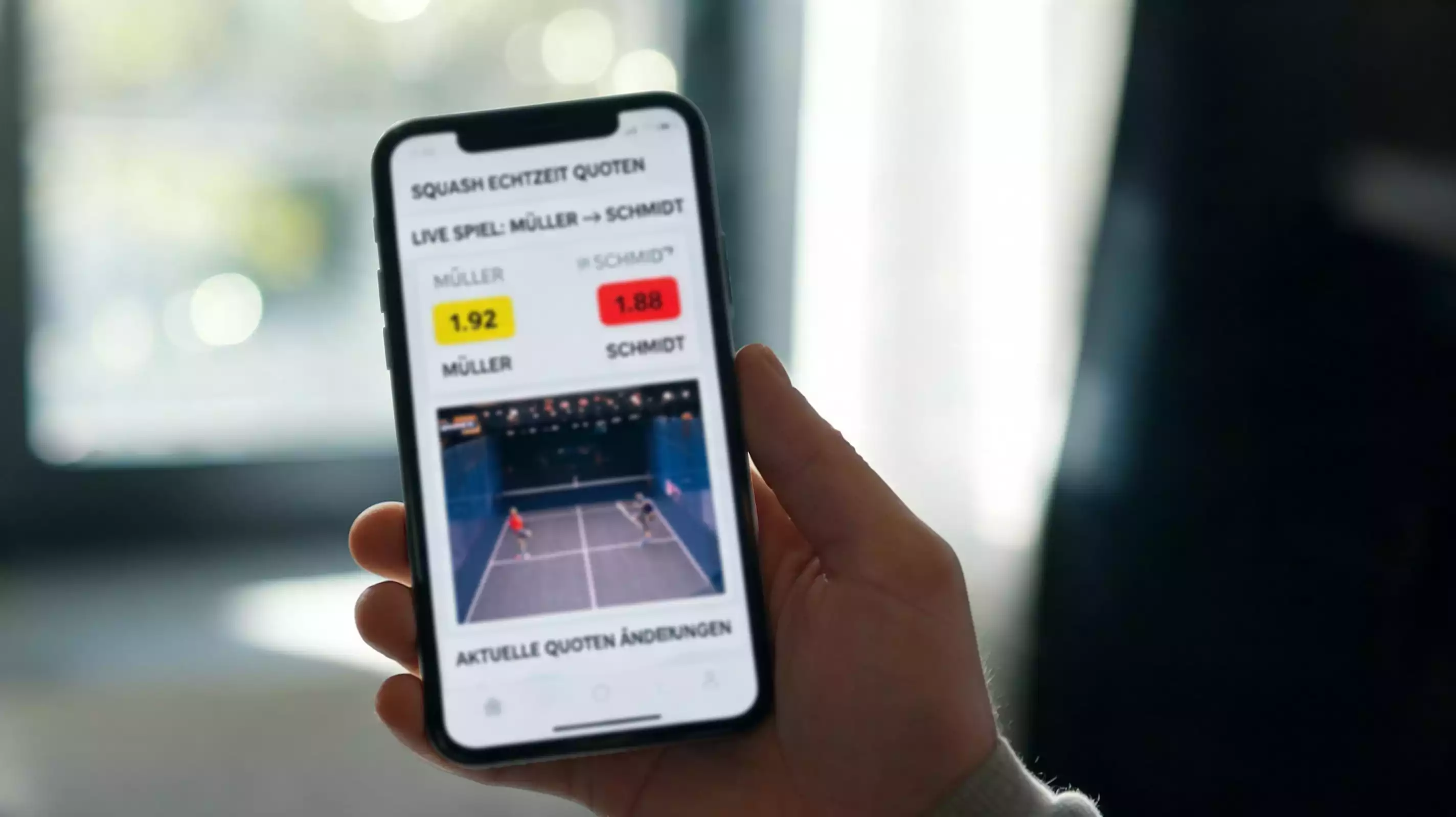 Mobiles Squash-Wetten auf dem Smartphone mit aktuellen Wettquoten in einer Buchmacher-App