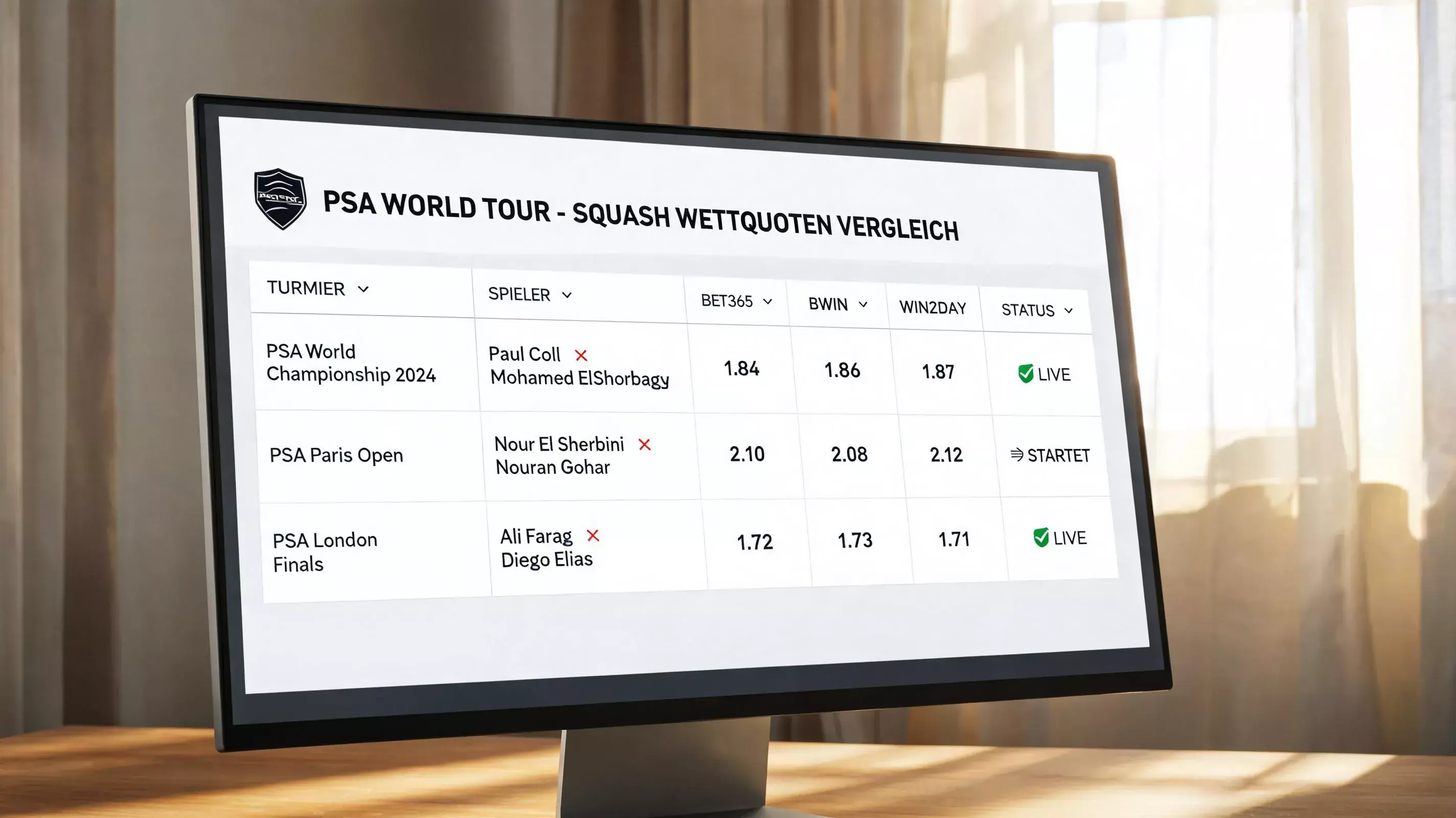 Oddspedia Squash-Quotenvergleich – Echtzeit-Quoten verschiedener Buchmacher für PSA-Tour-Matches