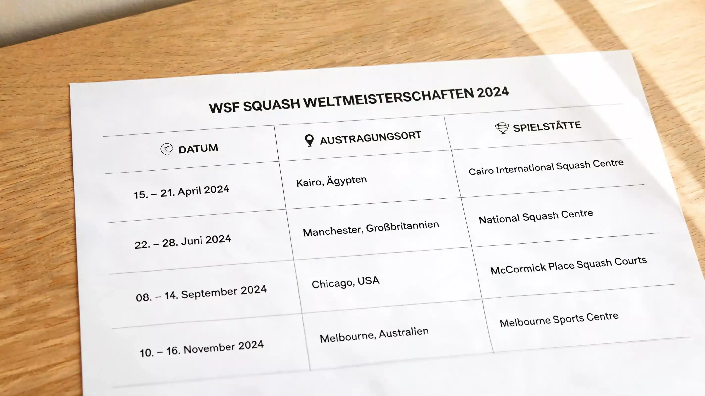 Squash-WM-Terminkalender – WSF World Squash Championship Austragungsjahre und Austragungsorte im Überblick