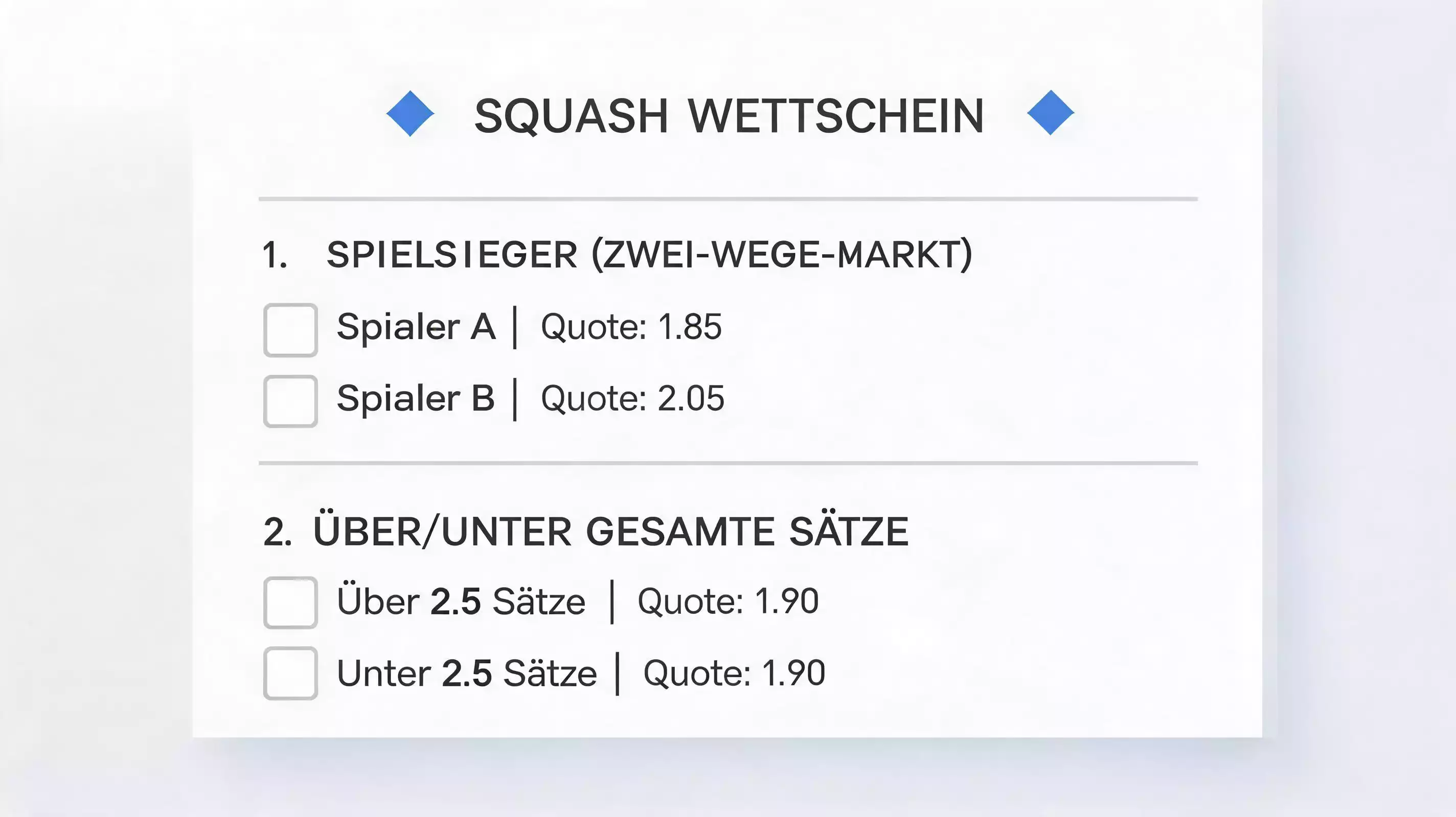 Verfügbare Squash-Wettmärkte bei Winamax – Match-Winner und Über-Unter für PSA-Turniere